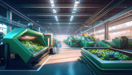 Industrial facility showcases cutting-edge machinery processing sustainable materials in harmony.の素材