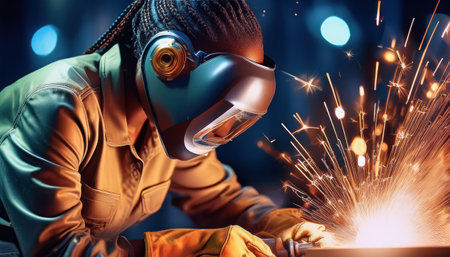 In a bustling workshop, a craftsperson diligently welds metal, creating sparks and artistry.の素材