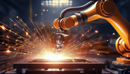 A robotic manipulator expertly welds metal parts, generating bright sparks in a factory setting.の素材