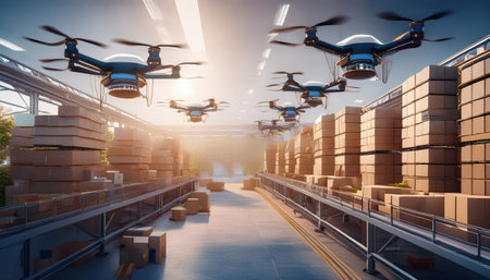 Drones efficiently move packages between stacked boxes in a high-tech warehouse environment.の素材