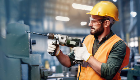A skilled worker operates a power drill in a bustling industrial environment, showcasing precision.の素材
