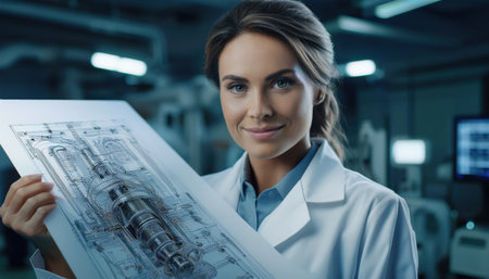 Skilled engineer showcases intricate technical drawings in an advanced manufacturing facility.の素材
