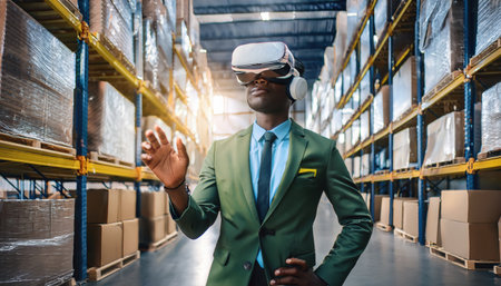 Professional wearing virtual reality headset interacts with machinery in a busy industrial warehouse.の素材