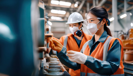 Dedicated professionals operate heavy machinery with precision in a modern manufacturing facility.の素材