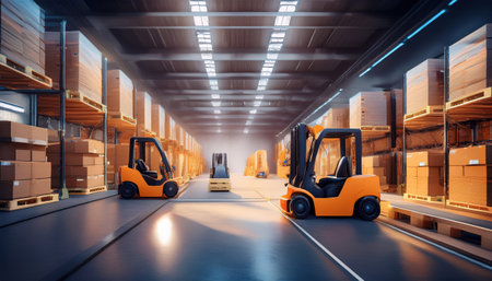 Forklifts navigate through a spacious warehouse filled with neatly stacked boxes and pallets.の素材