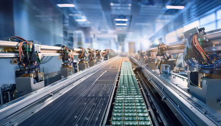 Automated machinery transports glass containers through a high-tech production line.の素材