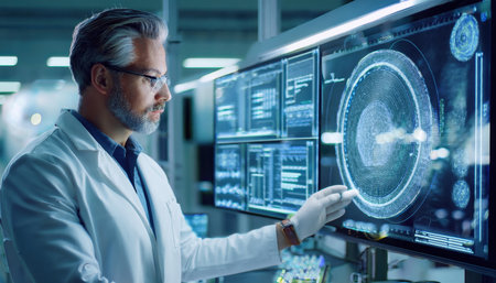 A focused expert analyzes complex machinery data across multiple screens in a high-tech facility.の素材