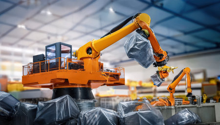 Robotic arms efficiently maneuver and stack materials within a modern manufacturing facility.の素材