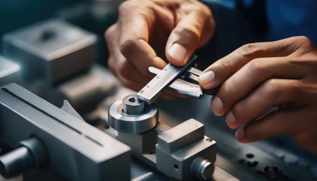 A skilled worker uses calipers to measure components on a machinery component at dawn.の素材