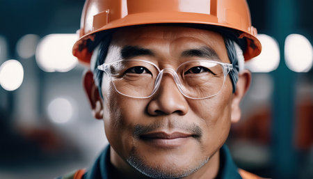A skilled worker stands confidently in a factory, showcasing safety and professionalism.の素材
