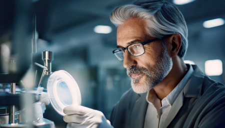Senior technician examines a precision component in a high-tech manufacturing facility.の素材