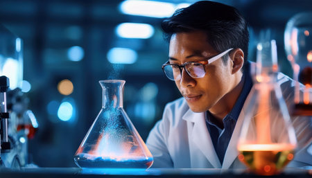 A focused scientist engages with glowing liquids in laboratory glassware, exploring reactions.の素材
