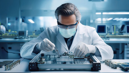 A technician expertly assembles intricate machinery components in a lab.の素材