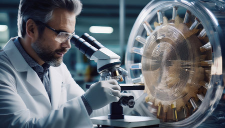 A researcher examines materials through a microscope in an innovative manufacturing environment.の素材