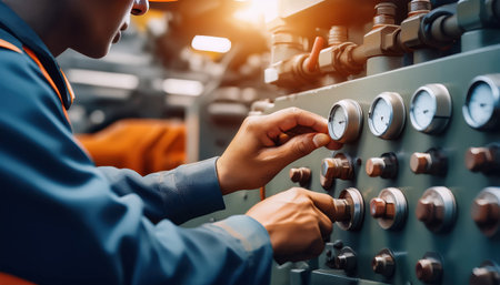 An operator adjusts the pressure gauges on industrial machinery, ensuring optimal performance.の素材