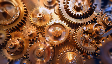 Intricate metal gears working together highlight the art of heavy machinery manufacturing.の素材