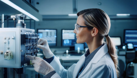 Technician fine-tunes advanced equipment within a high-tech manufacturing space.の素材