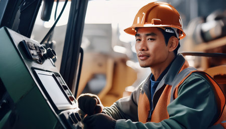 A skilled operator focuses intently on managing industrial machinery, ensuring safe operation.の素材