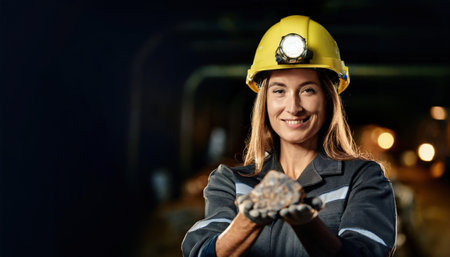 Worker in protective gear proudly holds a piece of metal ore, showcasing commitment to industry.の素材