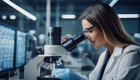 Scientist wearing gloves and safety goggles observes samples under a microscope in a lab.の素材