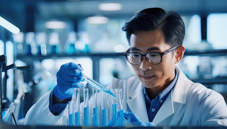 Technicians in white lab coats conduct experiments using advanced machinery in a high-tech facility.の素材
