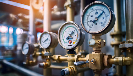 Complex network of pressure gauges reflects the intensity of heavy industry operations.の素材