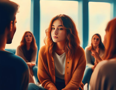 People discuss self care and mental health support in a bright room.の素材