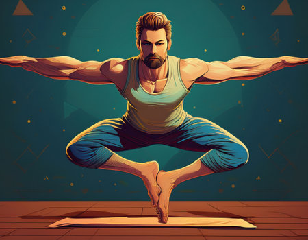 A muscular man balances in a yoga pose, showcasing strength and tranquility.の素材