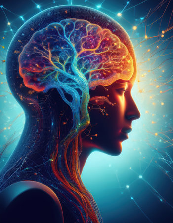 A vibrant depiction of self care features a colorful brain with flowing energy in abstract form.の素材