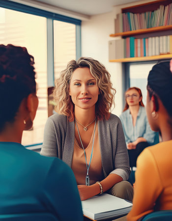 A woman leads a lively self care discussion with engaged participants in a modern setting.の素材