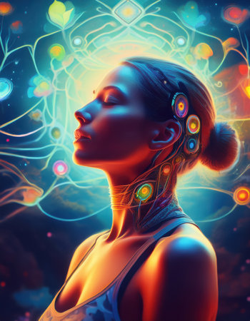 A woman experiences serene self care amidst colorful, vibrant patterns of tranquility.の素材