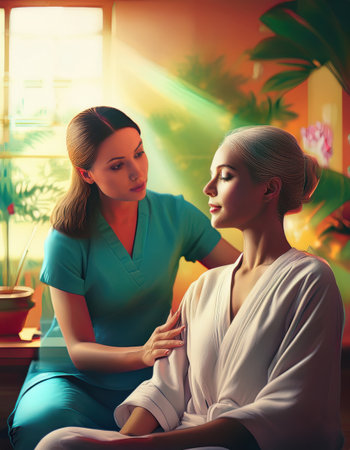 A serene setting enhances a self care session with a devoted practitioner and her client.の素材