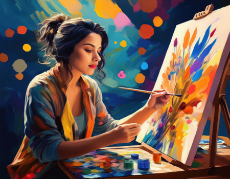 A woman joyfully immerses herself in painting vibrant colors, embracing self care and creativity.の素材