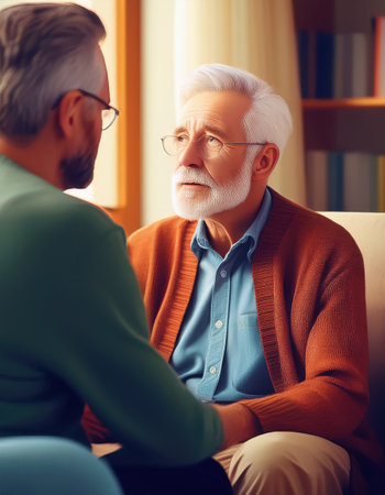 Two elderly people enjoy a warm chat while practicing self care in a vibrant setting.の素材