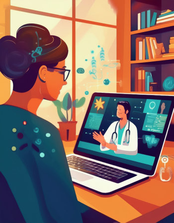 A woman joins a telehealth session, focusing on wellness in a cozy, inviting space.の素材