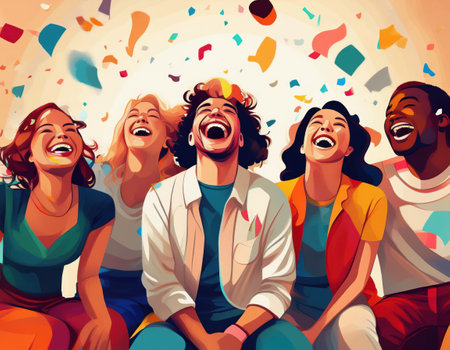 A joyful group of friends celebrates with laughter, colors, and happiness.の素材