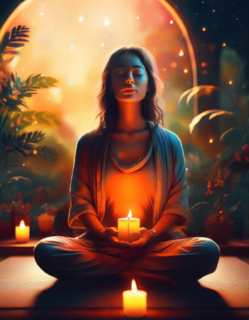 A woman meditates calmly with candles around her, surrounded by glowing plants in soft light.の素材