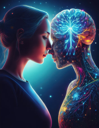 A woman connects deeply with an ethereal figure of self care and mental clarity.の素材