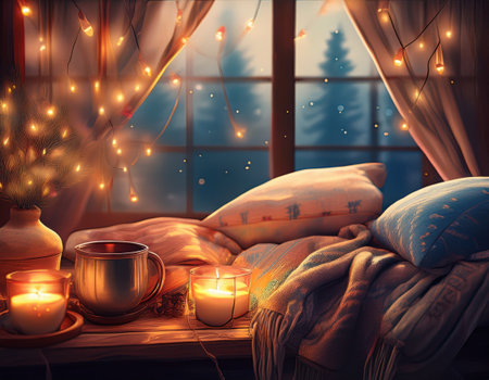 A calming space with candles and blankets invites relaxation and self care in the evening.の素材