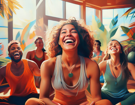 A diverse group joyfully practices self care amid bright plants and light.の素材