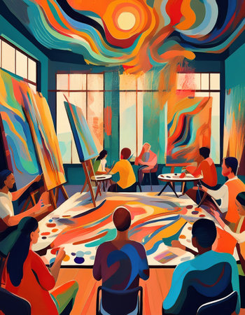 Participants join an expressive art workshop, enhancing connection and wellness through creativity.の素材