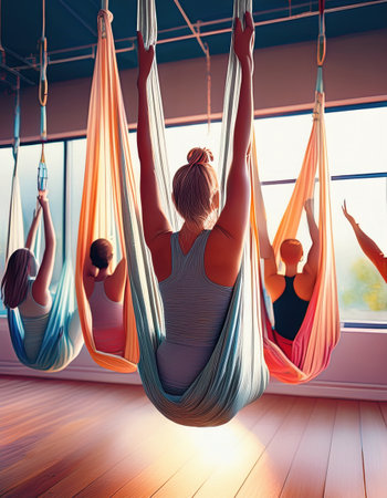 Participants relax in colorful silk hammocks, enjoying a serene aerial yoga session at sunset.の素材