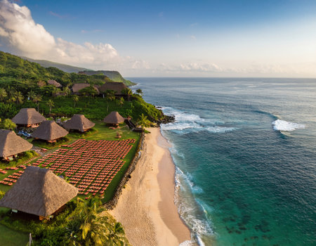 Enjoy a peaceful moment on a sandy beach with colorful lounge chairs and tropical scenery at sunsetの素材