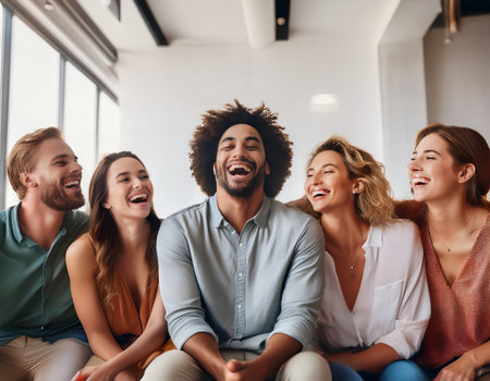 Five friends laugh and enjoy modern self care in a bright, urban setting.の素材