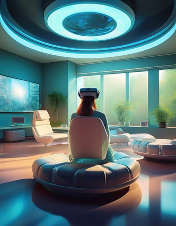 A person enjoys a VR relaxation experience in a bright, modern space with greenery.の素材