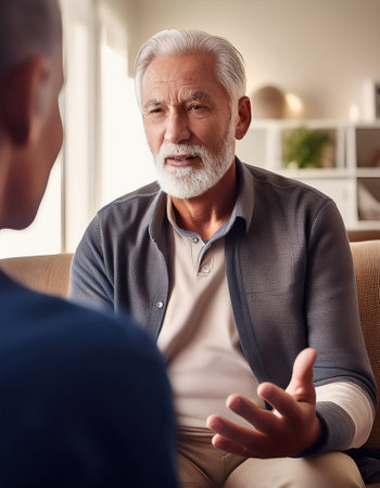 Two individuals share a heartfelt discussion, fostering self love and health in a cozy atmosphere.の素材