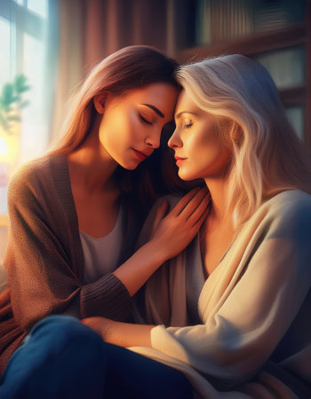 Two people share a calm, tender moment of reflection in a cozy urban space.の素材