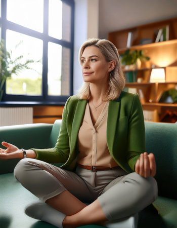 A woman sits cross legged on a couch, enjoying tranquility in a stylish, green filled room.の素材