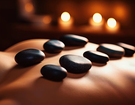 Warm stones on a back and soft candlelight create a tranquil space for relaxation.の素材