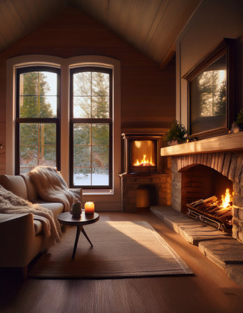 A cozy modern living space with a glowing fireplace invites winter relaxation and meditation.の素材